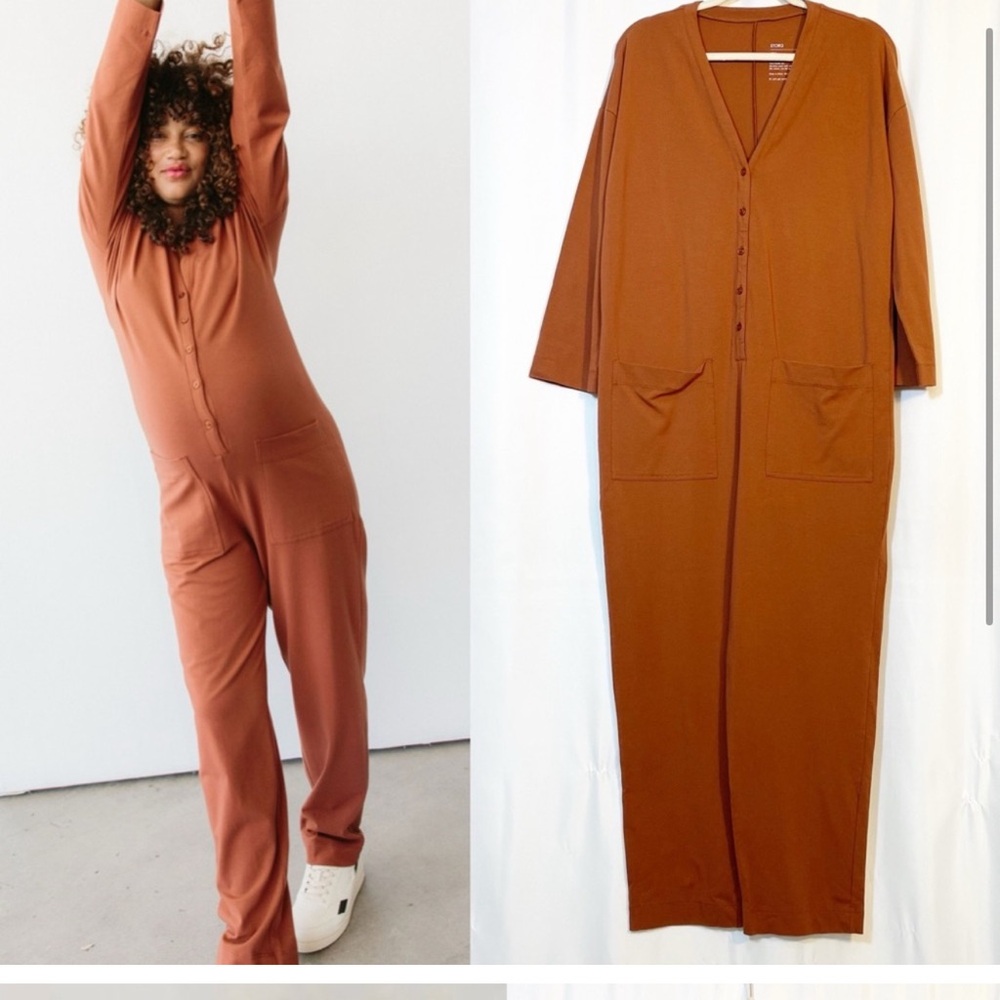 Long Sleeve V-Neck Maxi Dress Jumpsuit in Rust